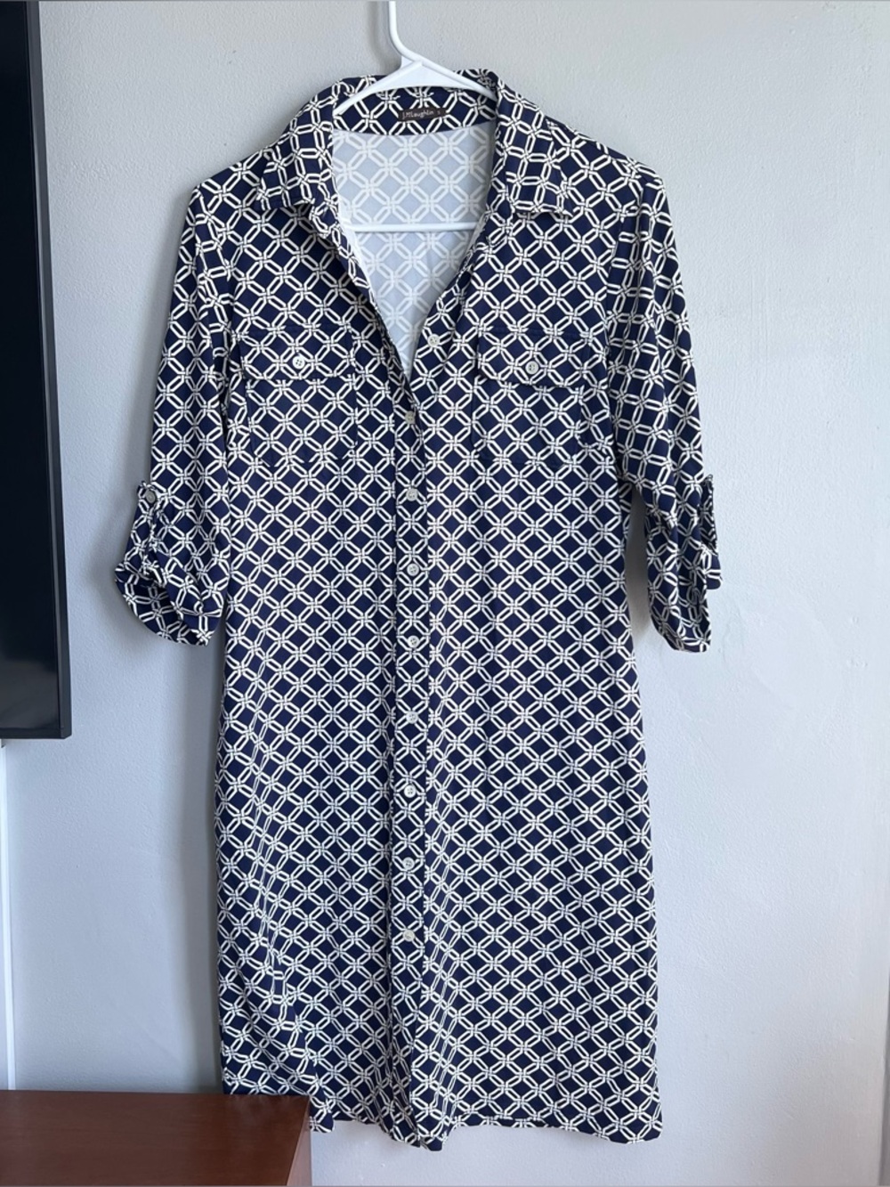 J. McLaughlin Button Down Shirt Dress Catalina Cloth Geometric Navy White S